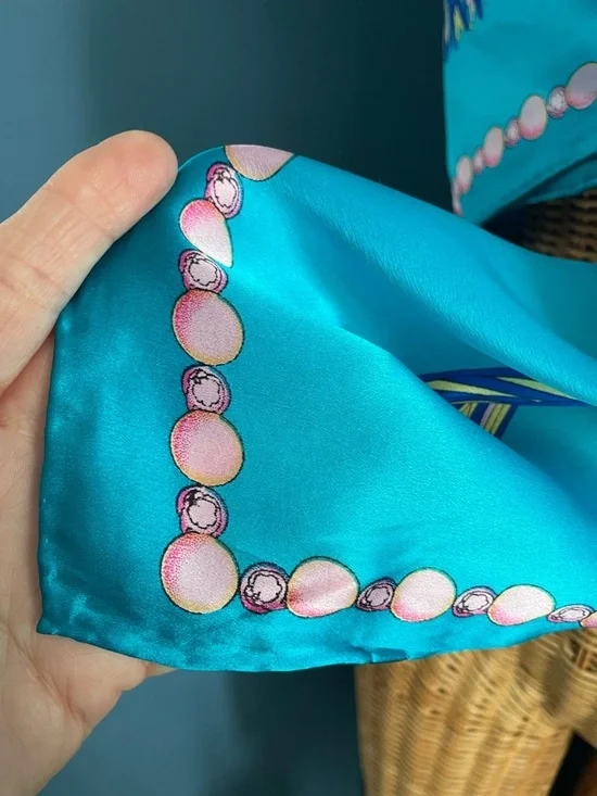 Vibrant Turquoise Silk Scarf with Tassel Print 42 x 42 - Picture 10 of 16